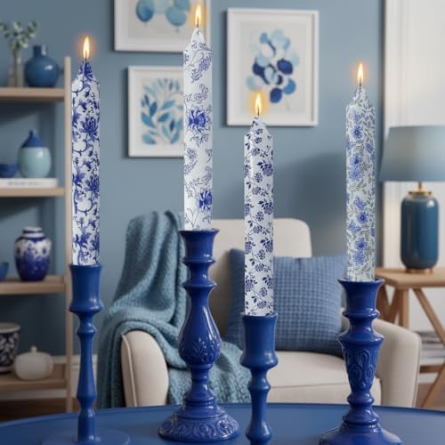 Flowers Printed Candle Taper Candles 9 inch - 4 Pack Blue and White Porcelain Candle Dripless, Smokeless, Unscented Tall Candlesticks - Perfect for Home Decor, Weddings, and Special Occasions by XINAOBAOLUO