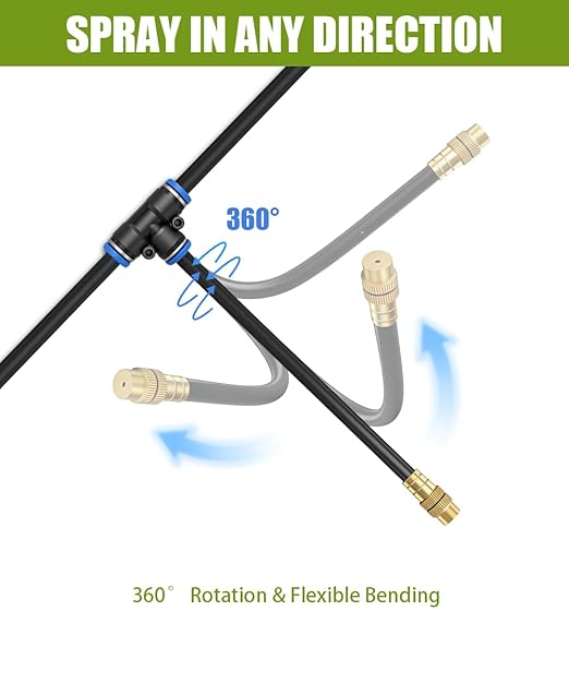 32FT 5/16" Misting Irrigation System for Garden with 10 Adjustable Nozzles | 360° Bendable Copper Nozzles, Quick Connect, Steady Flow, UV-Resistant PE Tubing & Accessories, Garden Beds& Greenhouse
