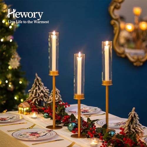 Hewory Gold Candlestick Holders: 12PCS Glass Hurricane with Tall Brass Base - Image 2