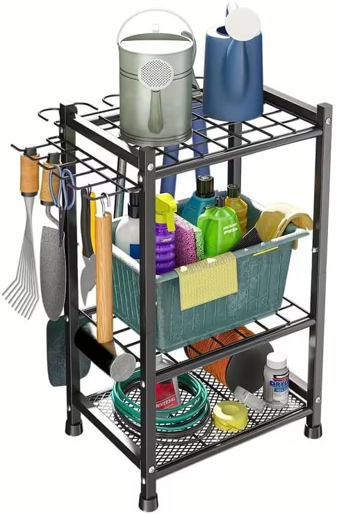 Garden Tool Organizer‑70‑Hole Garage Storage Rack with Adjustable Feet & Sturdy T‑Handle Hooks, Broom/Mop Holder for Yard, Shed, Multi‑Scene Use, No‑Tool Assembly, Black Garage Storage Rack