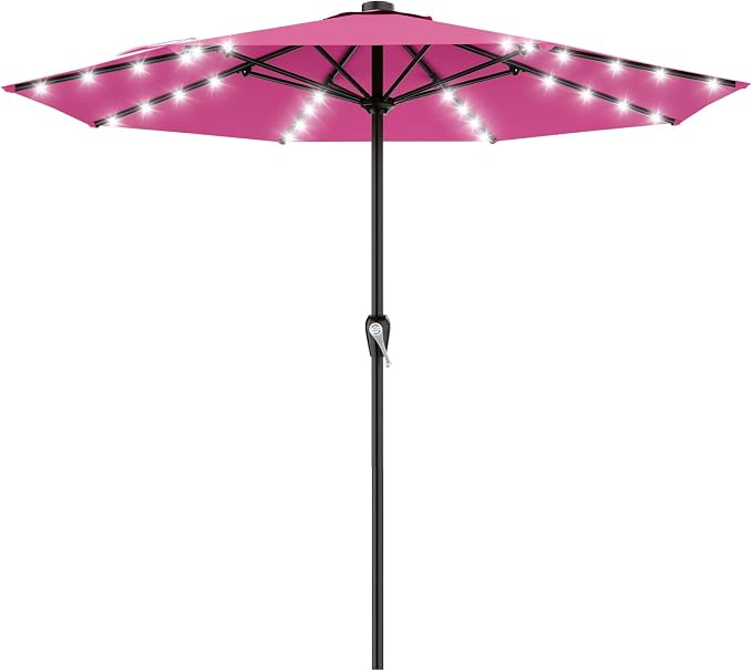 AreShark 12FT Large Patio Umbrella with Solar Lights, Solar Powered Outdoor Umbrella with Crank, Patio Table Market Umbrellas for Garden, Deck, Backyard, Pool and Beach, Rose Pink