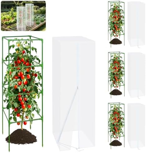 ZeeDix Tomato Cages with Bird Netting Set - 4 Pack 60 Inches Heavy Duty Tomato Cages + 4 Pack 57 Inches Garden Mesh Barrier for Tomatoes Climbing Vegetables Flowers