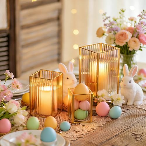 Glasseam Gold Hurricane Glass Candle Holders, Square Ribbed Pillar Set of 3 - Image 6