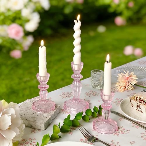 Glass Candlestick Holders Set of 3, Pink Stripe Taper Candle Holders for Table Centerpiece, Home Decorations, Wedding and Party - Image 3