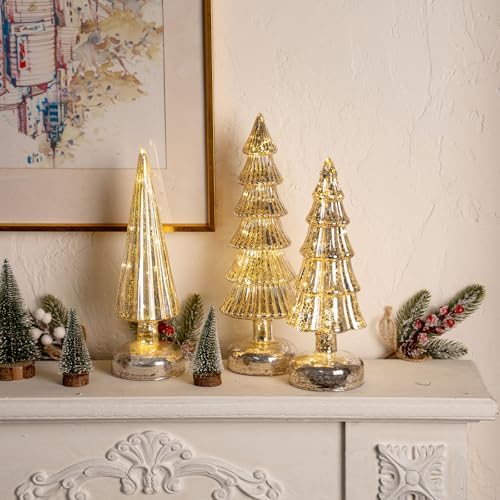 3 Pcs Mercury Glass Christmas Tree Tabletop Christmas Tree with Light,12 in Silver GlassTrees Figurines with LED Lights Figurine for Mantel Centerpieces,Christmas Glass Tree Ornaments (Champagne Gold) - Image 2