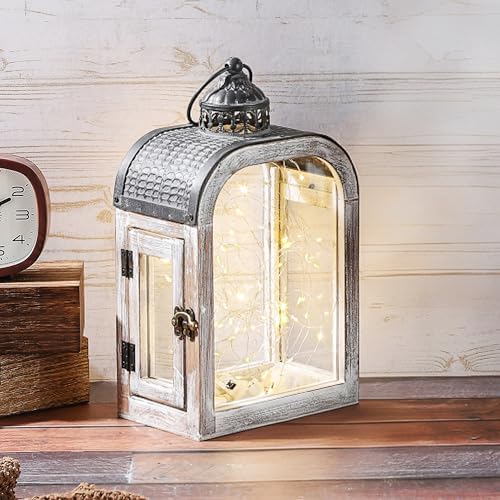 11" High Farmhouse Decorative Lanterns Set, Glass and Metal, Distressed White Wood Finish, Vintage Metal Top, Indoor Outdoor Candle Holders (Rustic White, 7"X4") - Image 4