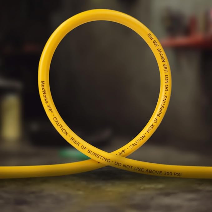 MaxWorks 80787 Hybrid Air Hose – 3/8-Inch x 25-Foot, 300 PSI – All-Weather Flexible Polymer, Kink Resistant, No-Memory Lay-Flat Design with Solid Brass Fittings & Bend Restrictors, Yellow