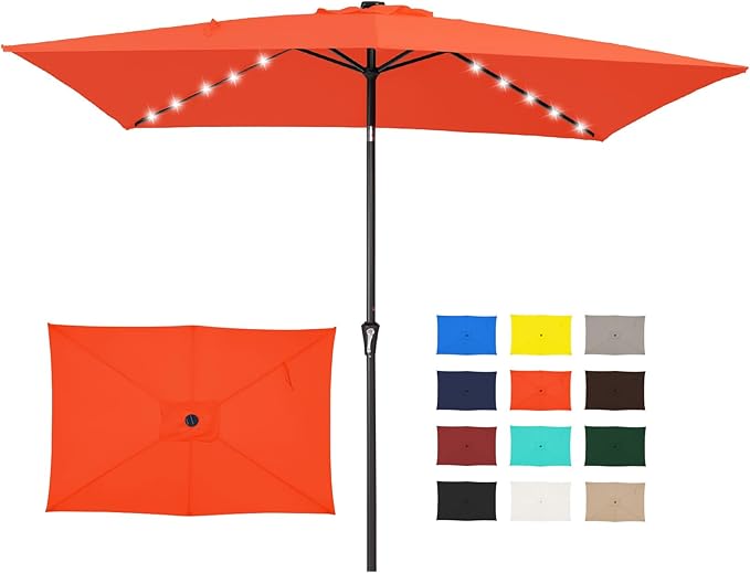 JEAREY 6.5x10 ft Rectangular LED Lighted Patio Umbrellas Outdoor Solar Table Market Umbrella w/Push Button Tilt/Crank, 6 Sturdy Ribs, UV Protection Waterproof Sunproof(Orange)