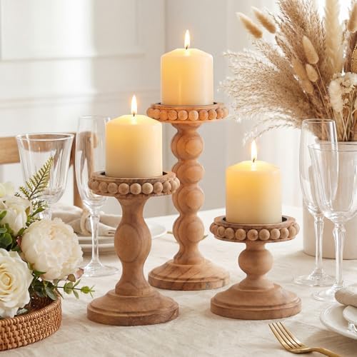 Mumufy 3 Set Wooden Candle Holders for Pillar Candles, Pine Brown, Small - Image 3