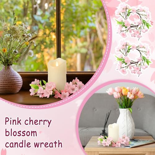 Daifunli 2 Pcs Spring Cherry Blossom Candle Ring Artificial Cherry Blossom Wreaths for Pillar 3.9 Inch Candles Holder for Spring Country Wedding Kitchen Rustic Table Centerpiece Decor - Image 5