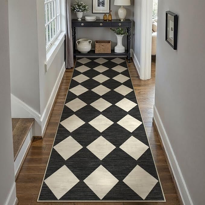 Black 3x8 Washable Runner Rug Kitchen Non Slip Checkered Carpet | Soft, Low Pile, Easy Clean, Diamond Pattern, for Hallway, Entryway, Laundry Room, Bathroom, Modern Indoor Decor