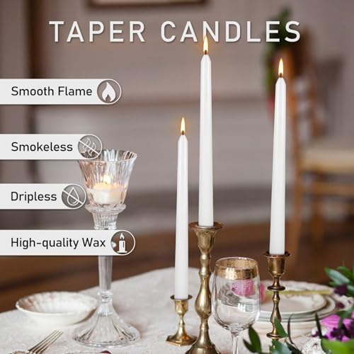 50 Pack White Taper Candles - 10 Inch Classic Unscented Dinner Candles, Dripless Pure White Paraffin Wax with Cotton Wicks, 8-Hour Burn Time for Wedding, Christmas & Formal Dining Decor - Image 4