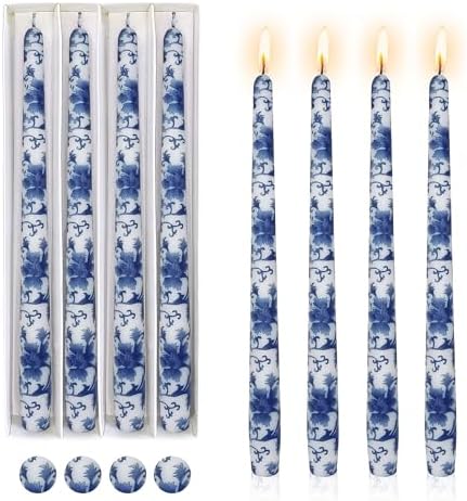 Floral Candle Sticks Printed Candlestick,Gedengni Set of 4 Spiral Taper Candle Long Twisted Candlesticks 10 inches Blue Flower Tapered Candles for Home Wedding Holiday Party (8D4T-BLUWHT) by Gedengni
