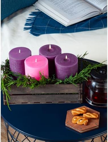 CANDWAX 3x4 Inch Advent Pillar Candles Set of 4 - Long Burning Dripless Unscented Pillar Candles - Rustic Style for Advent Wreaths, Christmas Décor - 3 Purple and 1 Pink Pillars - Image 5