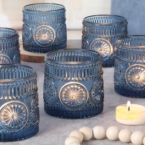 6Pcs Large Votive Candle Holders Blue Glass Tealight Candle Holders by sunnyfuture