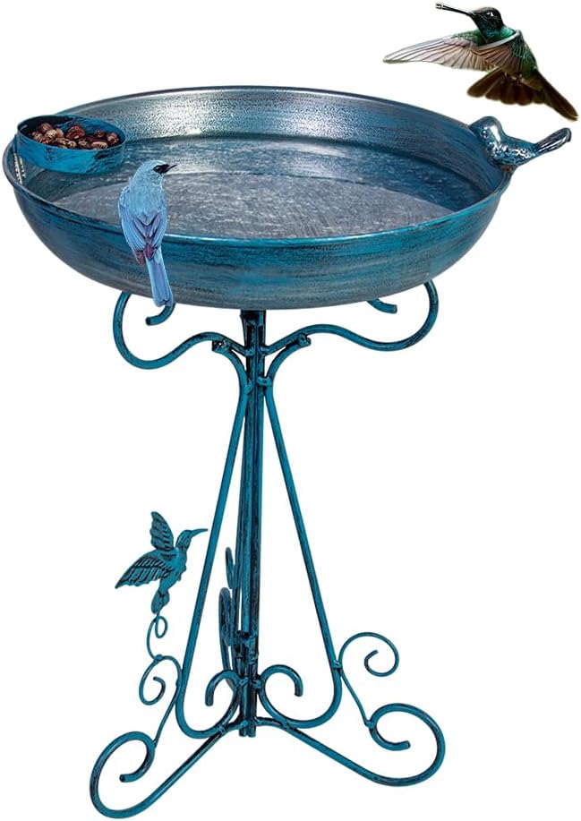 DREAMSOUL Blue Bird Bath Stand, 12" Dia Bird Bath for Outside Metal Birdbath with Folding Bracket for Patio Lawn Garden Decor