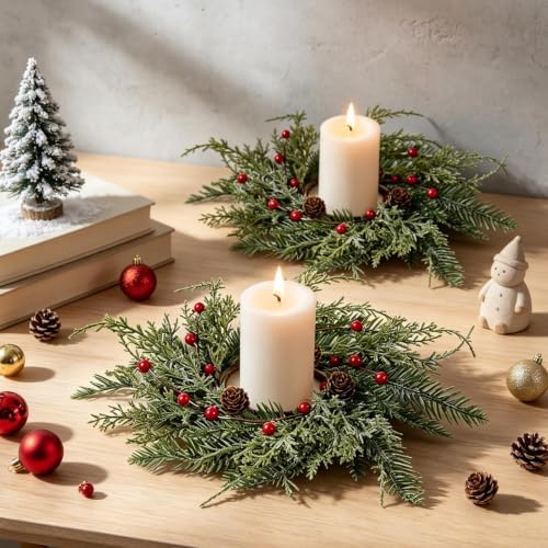 4 PCS Christmas Wreath Candle Rings Wreaths Mini Cedar Candle Holder Rings - Image 2