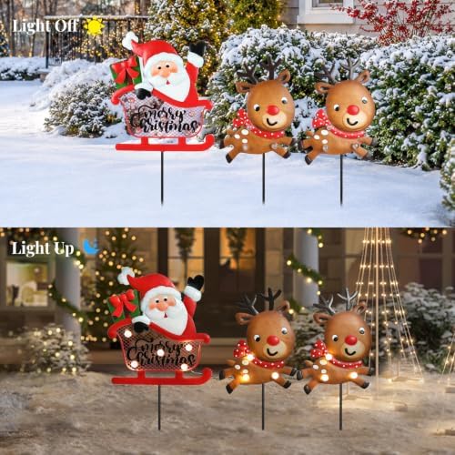 Christmas Yard Sign Stake, Lighted Santa and Reindeer Outdoor Decor - Image 6