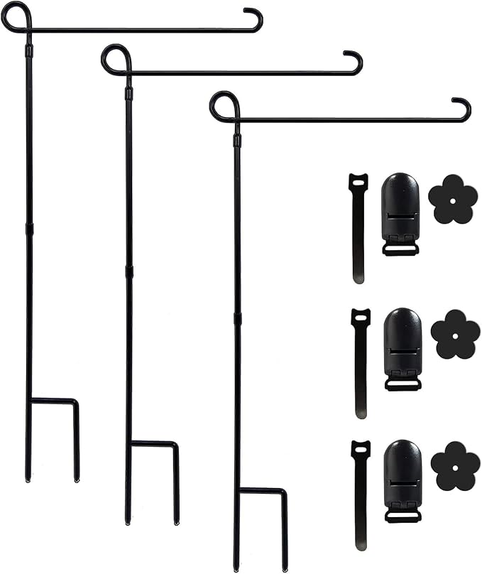 YEAHOME 3PC Garden Flag Holder Stand, Weather-Proof Yard Flag Pole Black Metal Powder-Coated Flagpole with Tiger Clip and Rubber Stopper for Garden Flags Outdoor Decorations
