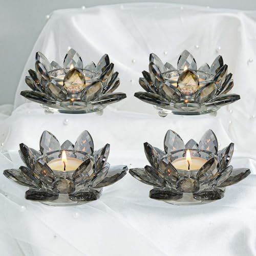 Lotus Black Crystal Tea Candle Holder Crystal Wishing Tealight Candlestick Stand Exquisite Desktop Decoration Holiday Celebration Wedding Restaurant Party Atmosphere Decoration (4 Pcs, Dark Grey) by KOLNLALA