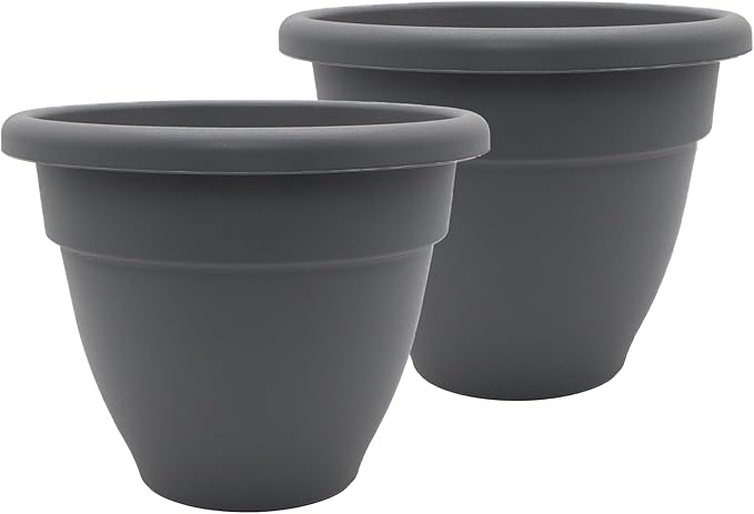 The HC Companies 10 Inch Caribbean Planter Pots with Drainage & Plug, Rolled Rim Plastic Planters for Indoor & Outdoor Plants, 2-Pack Decorative Flower Pots for Garden, Office & Home Decor, Warm Gray