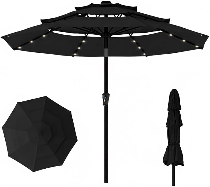 10ft 3-Tier Patio Umbrella with 32 Solar Powered LED Lights, Windproof Outdoor Market Umbrella for Deck, Poolside & Garden, Sturdy Push-Button Tilt Table Umbrella, Black