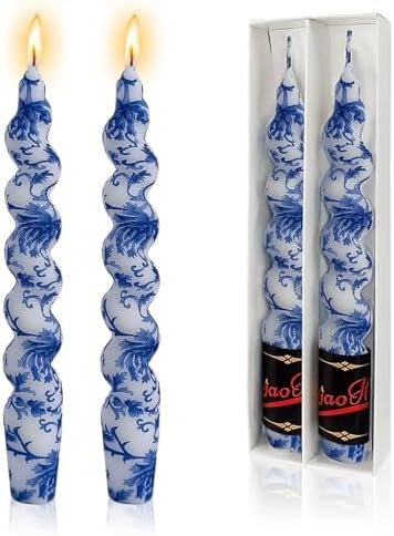 NJAO HOO Floral Taper Candles 7.5 in Spiral Candlesticks Hand Printed Blue and White Candlestick Twisted Taper Candle for Home Garden Decor 2 Pack by NJAOHOO