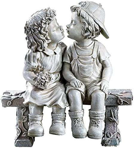 Lily's Home 8.25-Inch First Kiss Statue - Resin Garden Decor for Outside - Outdoor and Garden Decorations - Little Girl and Boy Kissing Yard Miniature Figurine - Small and Exquisite