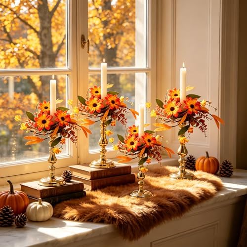4 PCS Fall Daisy Taper Candle Rings 1.38" Mini Artificial Autumn Flower Taper Candle Holder Wreaths with Thanksgiving Harvest Floral Table Centerpieces Decor for Candlesticks Farmhouse Home Decor - Image 3