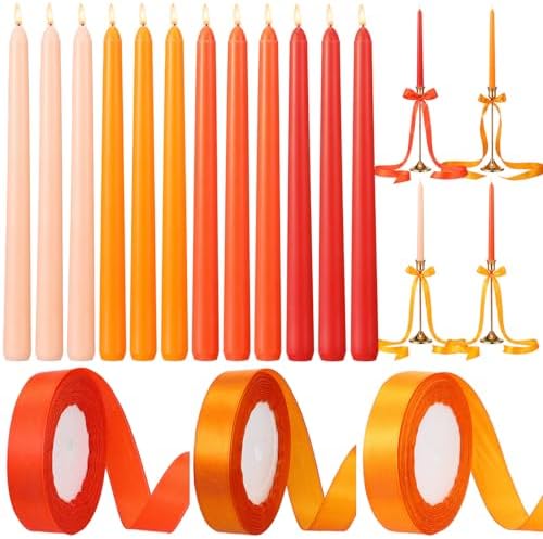 12 Pcs Gradient Orange Party Taper Candles with 3 Roll Ribbon by Windkream