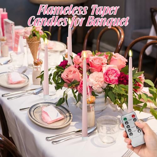 Rossesay 16 Pcs Pink Flameless Taper Candle with Remote Timer - Image 5