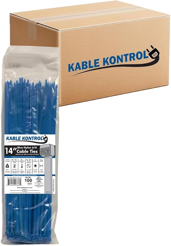 Kable Kontrol Blue Zip Ties 14 Inch 6,000 Pcs, 50 Lbs Tensile Strength, Bulk Pack, Self-locking Nylon Colored Cable Ties Wire Wraps for Indoor or Outdoor Use