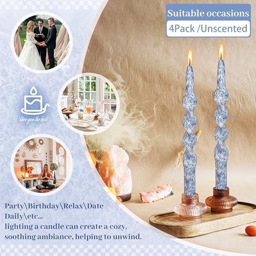Spiral Print Taper Candles-Blue Floral Unscented Candle Long 10 Inch Flower Tapered Candlestick for Family Gatherings Weddings Restaurant Holiday Decorations Set of 4 - Image 3