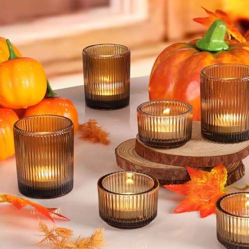 NITIME 20pcs Ribbed Amber Votive Candle Holders, Assorted Glass Tea Light Candle Holders for Fall Decor, Amber Candle Holders for Wedding Centerpieces, Thankgiving and Christmas Decorations - Image 5