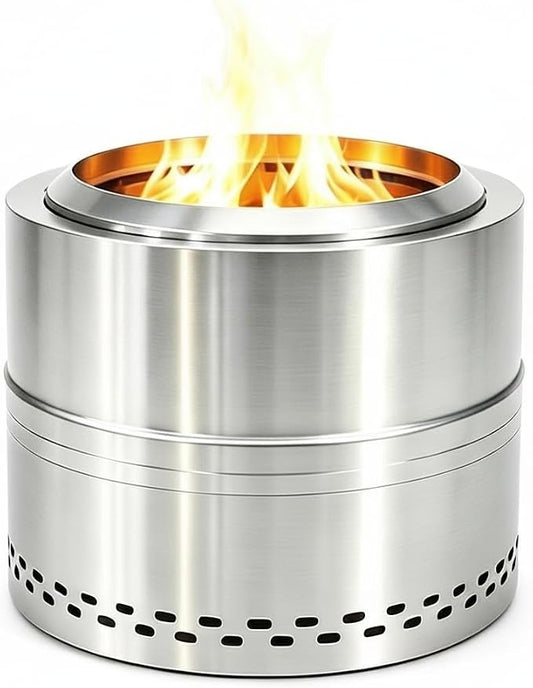 Smokeless Firepit Bonfire 20", Outside Wood Burning Metal Stove Stainless Steel Fire Pit with Carry Bag, Portable Camping Propane Patio Backyard, Easy Setup & Cleaning (Silver Without Hallow)