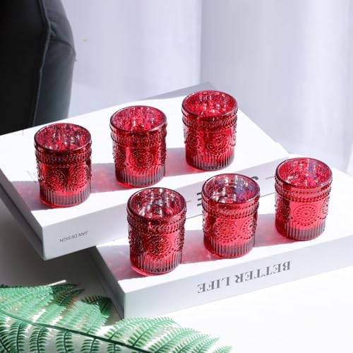 VOHO Red Mercury Glass Candle Holder Set of 12, Boho Sunflower Red Votives - Image 5
