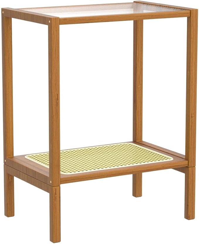Bamworld Rattan Side Table Living Room Glasstop Night Stand Boho End Table 2-Tier with Storage Mid Century Modern Bedside Table for Small Spaces Narrow Coffee Table Bamboo