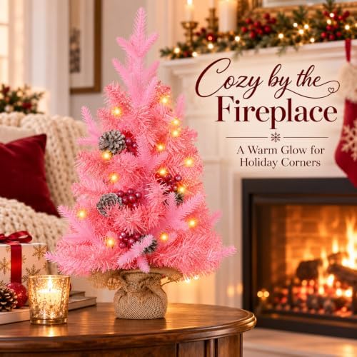MEETYAMOR 2 FT Mini Christmas Tree, 24" Prelit Pink Small Artificial Tabletop Christmas Trees Decor with Timer, Outdoor Indoor Porch Table Centerpieces Xmas Christmas Decorations - Image 7