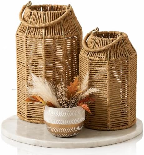 Natural Jute Boho Lanterns - Handcrafted Farmhouse Coffee Table Decor by KIBAGA