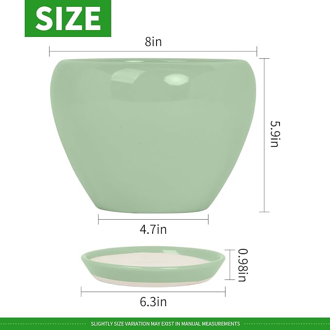 Deep Dream 8 Inch Plant Pots- Ceramic Pots for Plants with Drainage Hole and Saucer, Large Planter Pot for Indoor Plants Outdoor Decor, Mint Green
