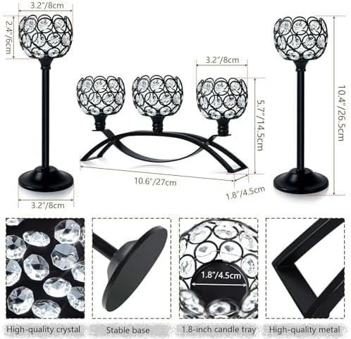 Crystal Tealight Candle Holder Centerpiece Home Decorative Candlestick Holder Elegant Table Centerpiece Home Decor Wedding Party Anniversary (Black, Set of 3) - Image 2