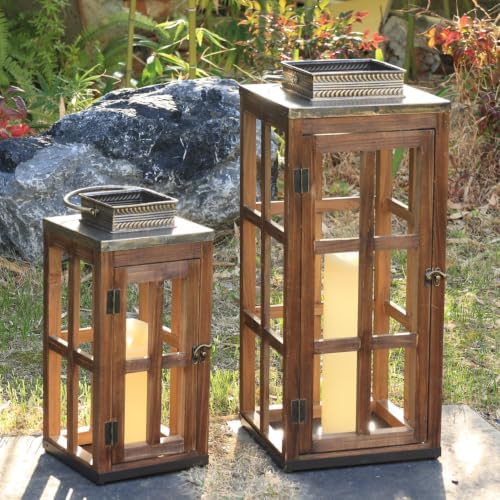 Large Farmhouse Wooden Metal Lantern Set of 2, 28''/20'' H Rustic Decorative Indoor & Outdoor Hanging Candle Lanterns, Wooden Outdoor Lanterns for Patio Front Porch Table, Dark Brown - Image 2