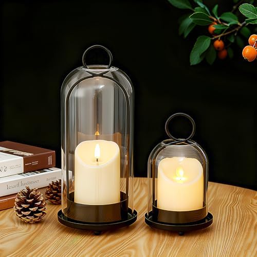 Hurricane Candle Holders Set of 2, 5" & 4" Metal and Glass Candle Lantern with Clear Dome for Pillar Candle, Wedding & Christmas Table Centerpiece, Farmhouse Home Decor (Black, Large & Small) - Image 2
