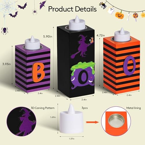 BlcTec Halloween Decorations, 3 PCS Halloween Wood Candle Holders with LED Tea Lights & 3D Carving Craft, Boo Wood Candle Centerpieces for Home, Table, Office, Tiered Tray, Shelf Décor, Witch Color - Image 3