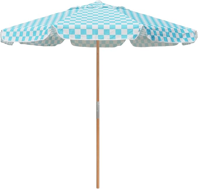AMMSUN 7.8ft Outdoor Patio Umbrella, Boho Beach & Market Umbrella with UPF 50+ Water-Resistant Canvas, Ash Wood Pole, Air Vent and Carry Bag for Patios, Gardens, Decks and Poolside (Cyan Checker)