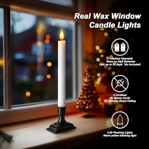 Homemory Real Wax Window Candles with Remote Timer Dimmer, Flameless Taper Candles with Holders, Christmas Candle for Window Battery Operated, LED Candlesticks for Home Holiday Decor, 6 Pcs White - Image 2