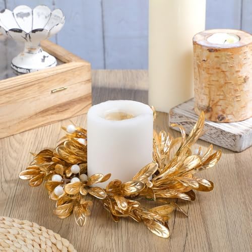 2 Pcs Gold Christmas Candle Rings Wreaths Artificial Gold Boxwood Leaf Wreath for Pillar 3.9 Inch Candles Holder for Christmas Xmas Winter Rustic Table Centerpiece Decor - Image 3