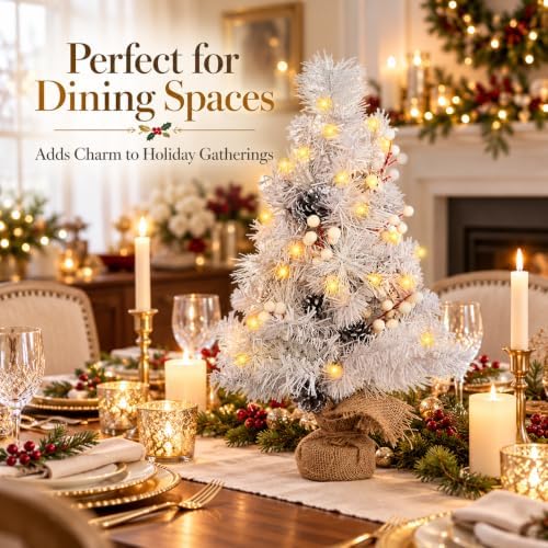 MEETYAMOR 2 FT Mini Christmas Tree, 24" Prelit White Small Artificial Tabletop Christmas Trees Decor with Lights Timer, Outdoor Indoor Porch Table Centerpieces Xmas Christmas Decorations - Image 5