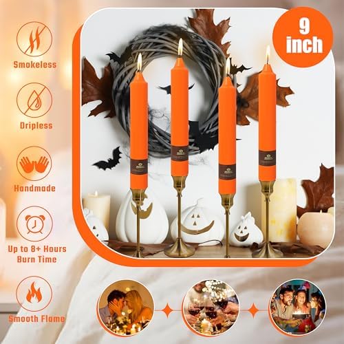 Orange Candle 9 Inch Tall Smokeless Taper Candles 4 Pack Unscented Candle for Christmas Dinner Halloween Thanksgiving Day Household Décor Candlesticks - Image 4