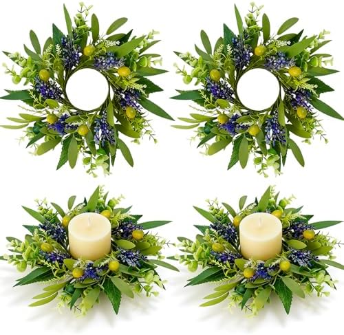 4 PCS Eucalyptus Olive Candle Rings Wreaths Spring Summer Greenery Kitchen Cabinet Wreaths Mini Green Boxwood Leaves Candle Wreath for Pillars Farmhouse Wedding Celebrations Tabletop Decoration by Unknown